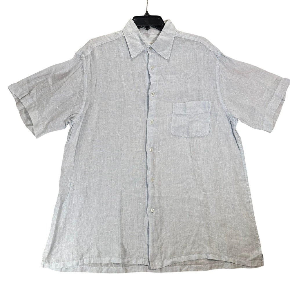 Barneys New York Linen Short Sleeve Med Shirt Light Blue Italy Small Pulls Flaws